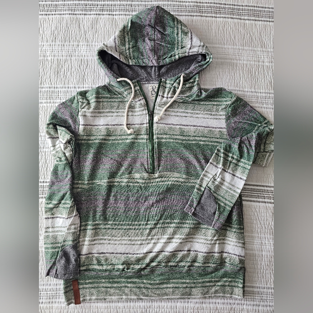 EUC Ampersand Ave Green Stripe Quarter Zip Hoodie - size XXL